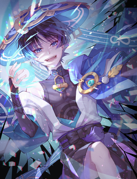 Anime picture 2894x3800 with genshin impact scaramouche (genshin impact) wanderer (genshin impact) nyansan oekaki single tall image looking at viewer highres short hair open mouth blue eyes black hair :d boy hat tassel bridal gauntlets vision (genshin impact) jingasa