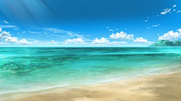 Anime picture 2560x1440 with grisaia no kajitsu highres wide image game cg sky cloud (clouds) beach mountain no people landscape sea