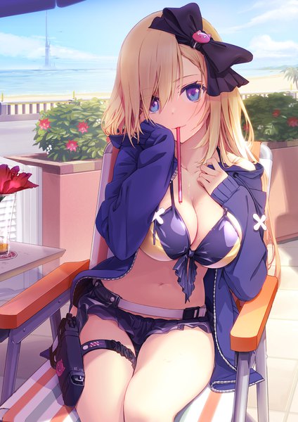 Anime picture 2610x3691 with original azumi akitake single long hair tall image looking at viewer fringe highres breasts blue eyes light erotic blonde hair hair between eyes large breasts sitting holding sky cleavage cloud (clouds) outdoors