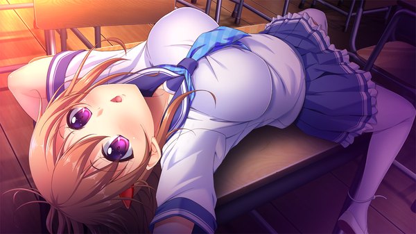 Anime picture 1280x720 with tsukue otome looking at viewer blush short hair open mouth light erotic brown hair wide image purple eyes game cg bondage restrained girl thighhighs skirt uniform school uniform white thighhighs desk