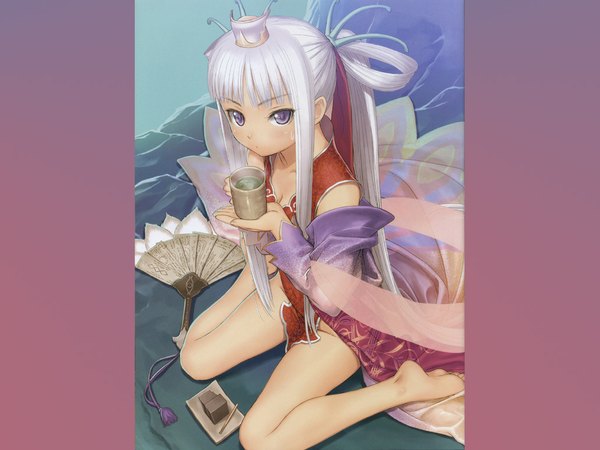 Anime picture 1024x768 with shining (series) shining wind houmei tony taka long hair light erotic white hair chinese clothes girl ribbon (ribbons) hat food fan chinese dress tea yunomi