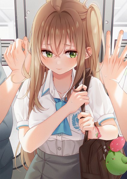Anime picture 870x1230 with original unjem long hair tall image looking at viewer blush fringe hair between eyes brown hair standing green eyes upper body ahoge indoors short sleeves embarrassed one side up solo focus sweatdrop open collar