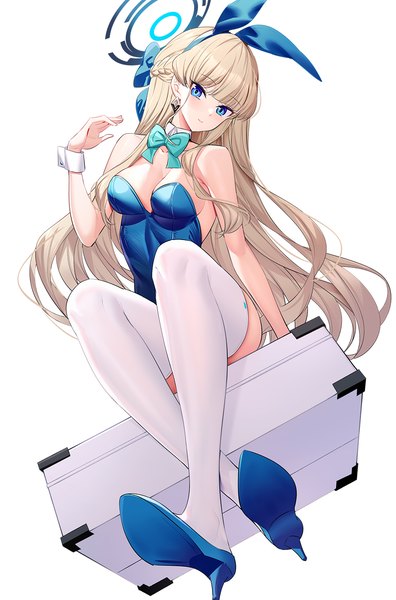 Anime picture 900x1365 with blue archive toki (blue archive) toki (bunny) (blue archive) ririko (zhuoyandesailaer) single long hair tall image looking at viewer fringe breasts blue eyes light erotic simple background blonde hair white background sitting animal ears full body blunt bangs braid (braids)