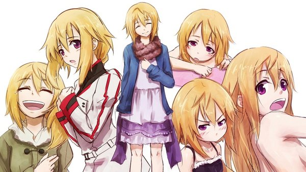 Anime picture 1920x1080 with infinite stratos 8bit charles dunois long hair blush highres short hair open mouth blonde hair smile wide image purple eyes bare shoulders multiple persona girl uniform school uniform jacket scarf