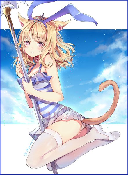 Anime picture 1255x1712 with final fantasy final fantasy xiv square enix miqo'te takitou single long hair tall image looking at viewer fringe breasts light erotic blonde hair smile signed animal ears sky cleavage cloud (clouds) full body