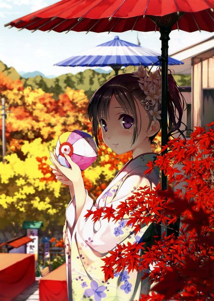 Anime picture 2609x3674 with original kantoku single tall image blush highres short hair black hair purple eyes japanese clothes scan girl hair ornament flower (flowers) plant (plants) tree (trees) kimono leaf (leaves) umbrella