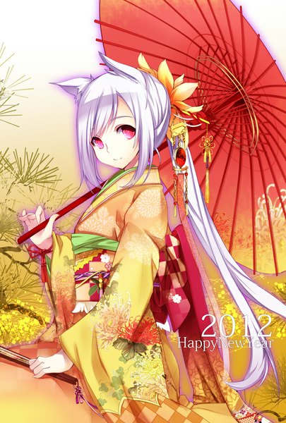 Anime picture 800x1184 with original yuuki kira long hair tall image looking at viewer animal ears white hair very long hair traditional clothes japanese clothes pink eyes girl hair ornament kimono umbrella