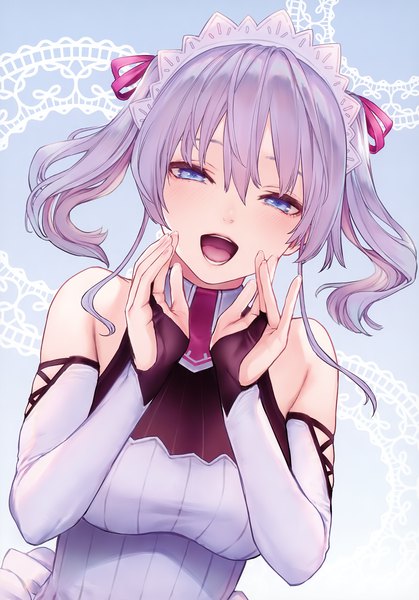 Anime picture 2512x3600 with original anmitsuyomogi single tall image looking at viewer blush fringe highres short hair breasts open mouth blue eyes simple background smile hair between eyes twintails bare shoulders payot purple hair upper body
