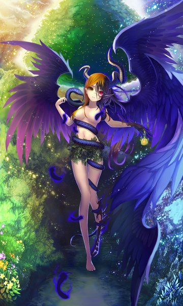 Anime picture 900x1500 with original tech chimera single long hair tall image looking at viewer fringe breasts light erotic holding multicolored hair barefoot horn (horns) two-tone hair bare legs heterochromia demon girl demon wings glow asymmetrical wings