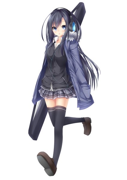 Anime picture 1500x2121 with original chabaneko single long hair tall image blush blue eyes black hair simple background white background open clothes open jacket girl thighhighs black thighhighs headphones