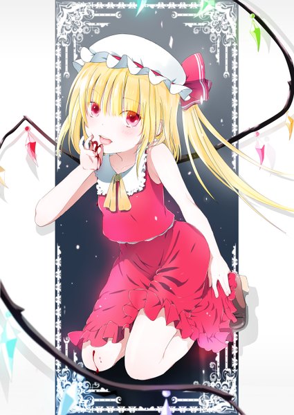 Anime picture 1000x1412 with touhou flandre scarlet yamada ranga single long hair tall image looking at viewer blush blonde hair red eyes sitting bare shoulders licking girl dress skirt bow frills tongue blood