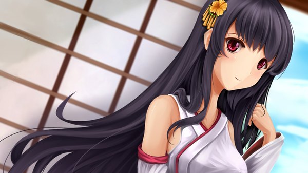 Anime picture 1920x1080 with kantai collection fusou battleship rhineheim single long hair looking at viewer highres black hair red eyes wide image bare shoulders nontraditional miko girl hair ornament