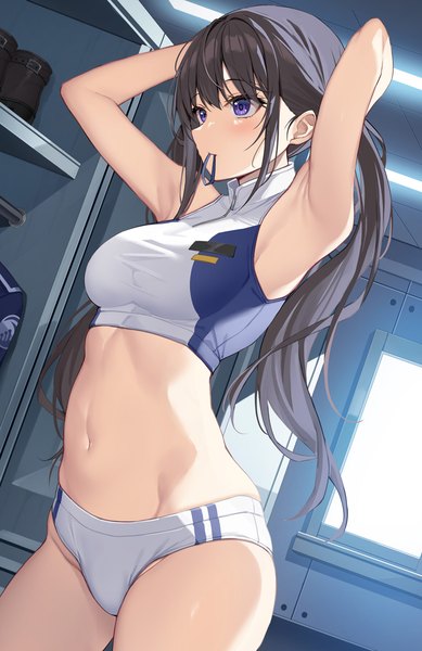 Anime picture 800x1234 with lycoris recoil inoue takina xe (execut3r) single long hair tall image blush fringe breasts light erotic black hair purple eyes payot looking away indoors arms up armpit (armpits) dutch angle adjusting hair arms behind head
