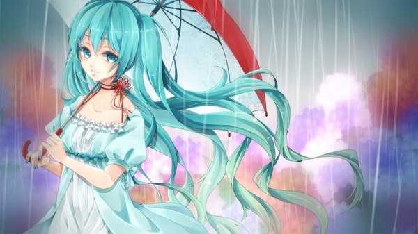 Anime picture 1796x1010 with vocaloid hatsune miku mizuno ritsu single long hair looking at viewer blush fringe highres smile wide image twintails holding aqua eyes aqua hair rain girl dress bow hat