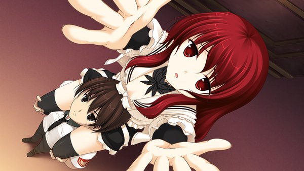 Anime picture 1024x576 with jesus 13th long hair short hair black hair red eyes wide image sitting game cg red hair black eyes spread arms sitting on person girl thighhighs boy uniform black thighhighs school uniform