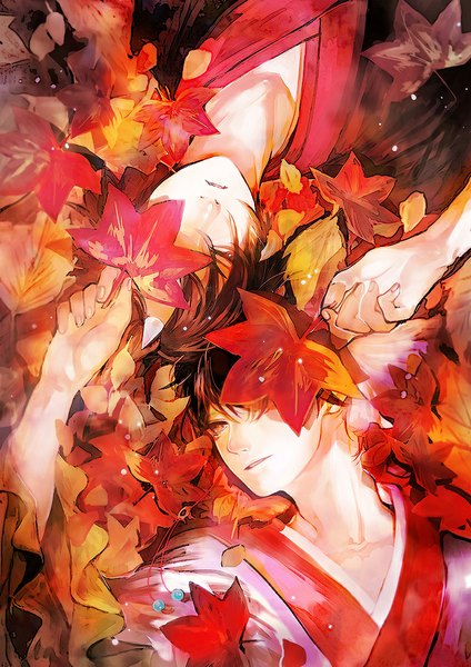 Anime picture 800x1132 with hoozuki no reitetsu wit studio hoozuki (hoozuki no reitetsu) hakutaku (hoozuki no reitetsu) ihiro tall image fringe short hair brown eyes lying traditional clothes japanese clothes horn (horns) light smile from above multiple boys on back covering autumn boy
