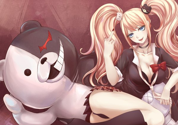 Anime picture 1600x1120 with dangan ronpa enoshima junko monokuma ringovalent single long hair looking at viewer open mouth blue eyes light erotic blonde hair smile twintails pantyshot middle finger girl skirt hair ornament bow shirt