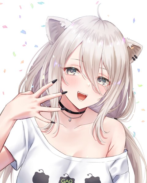 Anime picture 2894x3617 with virtual youtuber hololive shishiro botan shishiro botan (4th costume) mary is mine single long hair tall image looking at viewer blush fringe highres open mouth hair between eyes white background twintails animal ears silver hair upper body ahoge