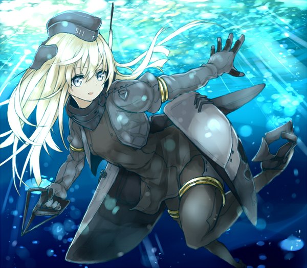 Anime picture 800x700 with kantai collection u-511 submarine azure luna single long hair fringe blue eyes blonde hair looking away bent knee (knees) parted lips sunlight floating hair underwater sunbeam swimming girl dress gloves uniform
