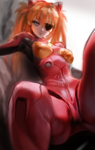 Anime picture 900x1416 with neon genesis evangelion rebuild of evangelion evangelion: 3.0 you can (not) redo gainax shikinami asuka langley yd (orange maru) single long hair tall image looking at viewer fringe blue eyes light erotic sitting orange hair girl hair ornament bodysuit eyepatch pilot suit