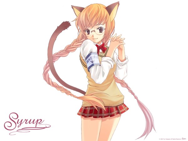 Anime picture 1600x1200 with original takigawa yuu long hair looking at viewer simple background blonde hair standing white background brown eyes signed animal ears tail braid (braids) animal tail light smile cat ears cat girl cat tail twin braids hieroglyph