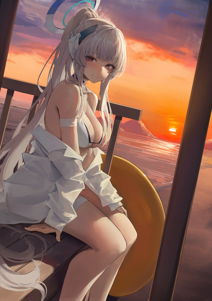 Anime picture 1500x2122 with blue archive noa (blue archive) leviathan (hikinito0902) single long hair tall image looking at viewer fringe breasts light erotic smile large breasts purple eyes payot sky cloud (clouds) white hair ponytail blunt bangs off shoulder