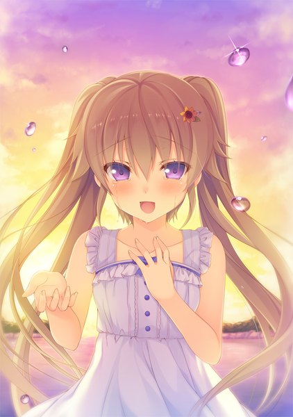Anime picture 728x1035 with ao no kanata no four rhythm sprite (company) arisaka mashiro aotsu karin single long hair tall image looking at viewer blush fringe open mouth smile hair between eyes brown hair standing purple eyes twintails sky cloud (clouds) outdoors