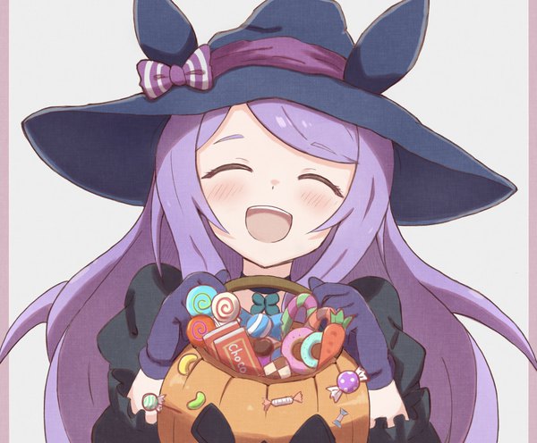Anime picture 1913x1582 with umamusume mejiro mcqueen (umamusume) sattenimukatte single long hair highres open mouth smile purple hair eyes closed halloween ^ ^ ^o^ checkerboard cookie girl gloves hat choker food sweets