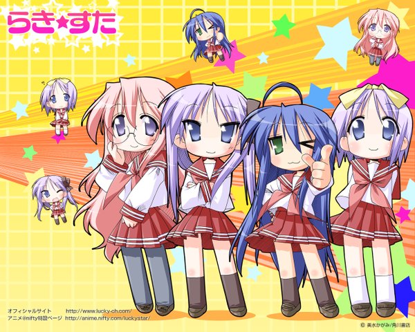 Anime picture 1280x1024 with lucky star kyoto animation izumi konata hiiragi kagami hiiragi tsukasa takara miyuki girl