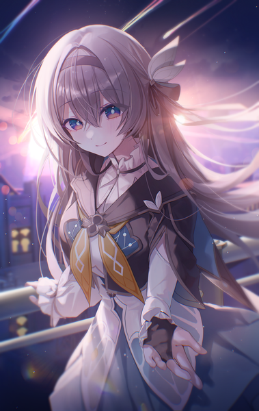 Anime picture 2845x4500 with honkai: star rail honkai (series) firefly (honkai: star rail) myowa single long hair tall image looking at viewer fringe highres smile hair between eyes standing brown eyes sky outdoors wind grey hair outstretched hand girl