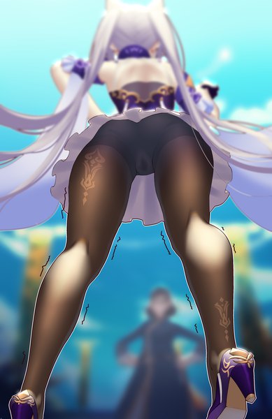 Anime picture 1296x2000 with genshin impact keqing (genshin impact) hane (15188414) long hair tall image light erotic standing twintails sky purple hair outdoors ass from behind blurry from below high heels depth of field legs hand on hip solo focus