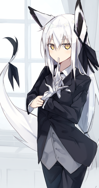 Anime picture 540x1019 with original nagishiro mito single long hair tall image looking at viewer blush fringe simple background hair between eyes standing white background holding animal ears yellow eyes payot white hair tail animal tail fox ears