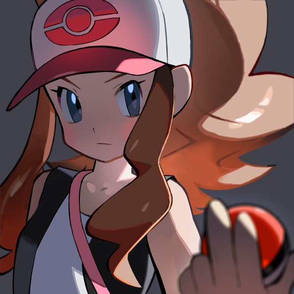 Anime picture 2500x2500 with pokemon pokemon black and white nintendo hilda (pokemon) tokiya single long hair blush highres blue eyes simple background brown hair payot looking away ponytail grey background sleeveless portrait girl baseball cap