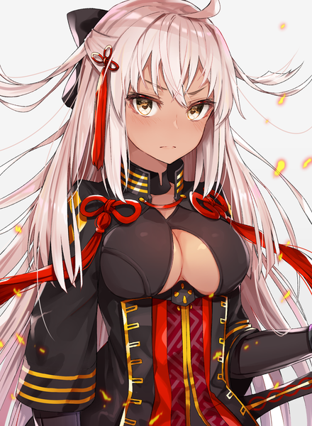 Anime picture 1355x1849 with fate (series) fate/grand order koha-ace okita souji (fate) (all) okita souji alter (fate) black cola single tall image looking at viewer blush fringe breasts light erotic simple background hair between eyes white background holding brown eyes cleavage silver hair