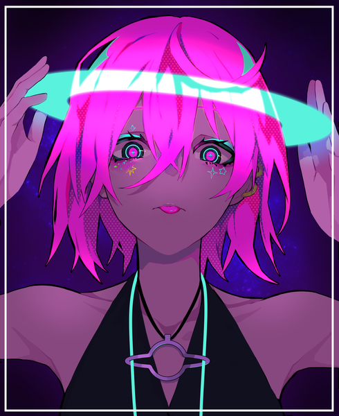 Anime picture 1226x1500 with original lam (ramdayo) single tall image looking at viewer fringe short hair simple background hair between eyes bare shoulders pink hair upper body pink eyes arms up sleeveless facial mark :p eyeshadow framed multicolored eyes