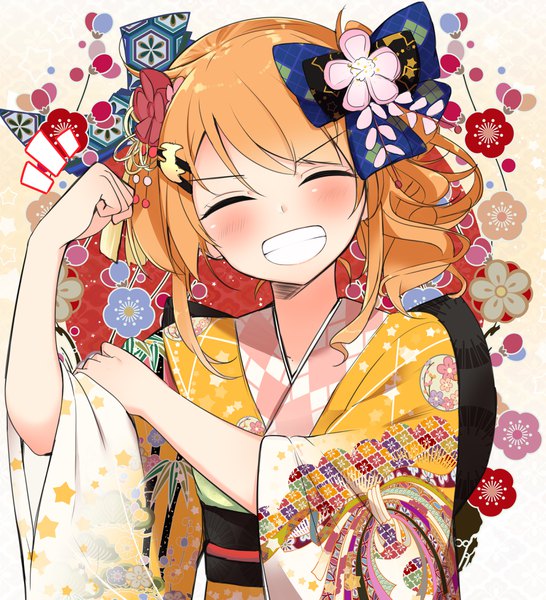 Anime picture 3555x3909 with original sasahara wakaba single tall image blush fringe highres short hair smile payot absurdres upper body eyes closed traditional clothes head tilt japanese clothes orange hair wide sleeves grin ^ ^