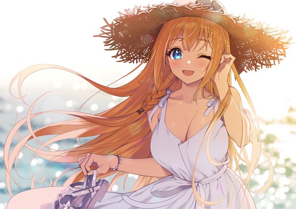 Anime picture 3541x2507 with princess connect! re:dive princess connect! pecorine (princess connect!) pecorine (real) (princess connect!) lunch (lunch3) single long hair looking at viewer blush fringe highres breasts open mouth blue eyes smile large breasts standing holding payot absurdres