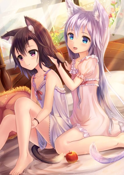 Anime picture 2514x3543 with original sakura ani long hair tall image blush highres short hair breasts open mouth blue eyes black hair smile sitting multiple girls holding animal ears looking away purple hair indoors tail