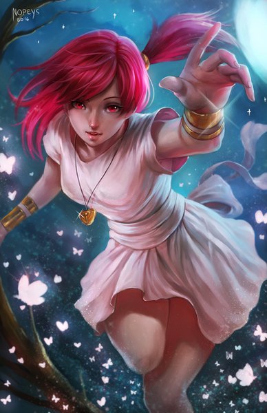 Anime picture 800x1236 with magi the labyrinth of magic a-1 pictures morgiana nopeys single tall image looking at viewer fringe short hair breasts red eyes signed pink hair parted lips light smile realistic night sparkle short sleeves leaning