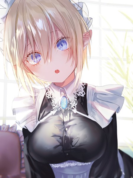 Anime picture 1800x2400 with original pottsness single tall image looking at viewer blush fringe highres short hair breasts open mouth blue eyes blonde hair hair between eyes payot upper body head tilt pointy ears :o maid
