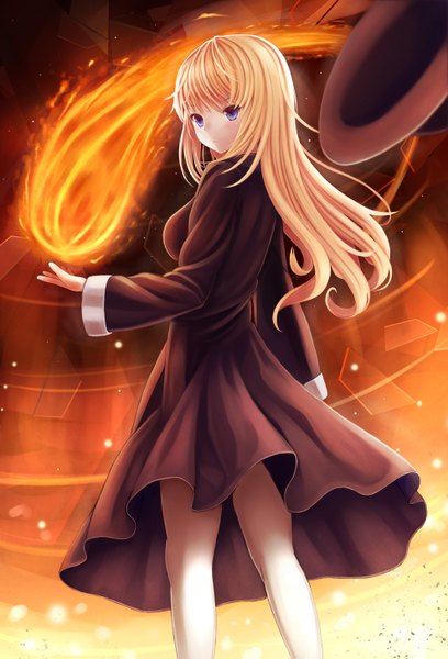 Anime picture 990x1455 with yu-gi-oh! fire sorcerer megimegyo single long hair tall image blue eyes blonde hair looking back girl dress hat fire