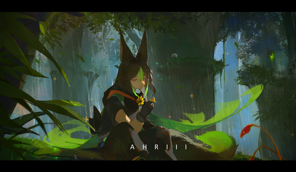 Anime picture 3447x2011 with genshin impact tighnari (genshin impact) ahriii single fringe highres short hair black hair hair between eyes wide image sitting green eyes signed animal ears absurdres outdoors tail animal tail multicolored hair streaked hair