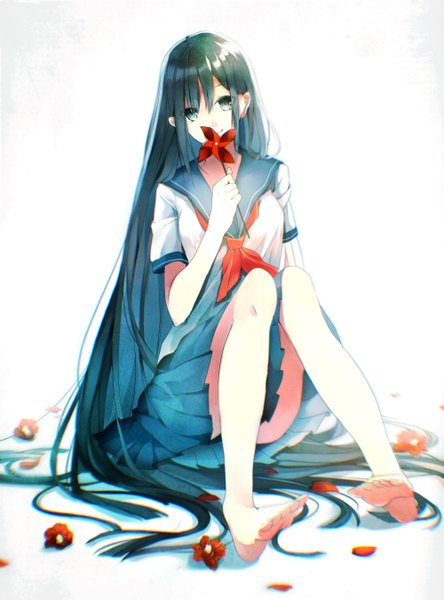 Anime picture 2000x2700 with original hanagata single tall image looking at viewer highres black hair simple background smile white background sitting very long hair barefoot black eyes girl flower (flowers) petals serafuku toes camellia (flower)