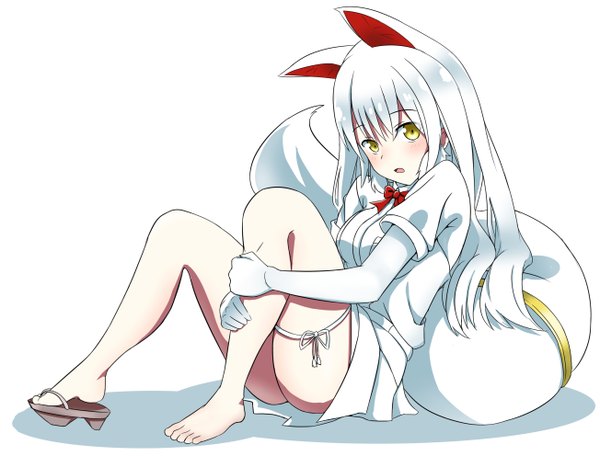 Anime picture 1304x992 with kemono friends oinari-sama (kemono friends) kagari leroy single long hair looking at viewer blush fringe open mouth light erotic hair between eyes white background animal ears yellow eyes full body white hair tail animal tail shadow fox ears