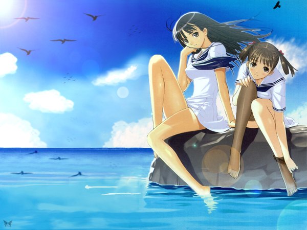 Anime picture 1280x960 with sora no iro mizu no iro mizushima asa sorayama natsume tony taka long hair fringe breasts black hair smile brown hair sitting twintails multiple girls brown eyes sky cloud (clouds) head tilt barefoot wind black eyes