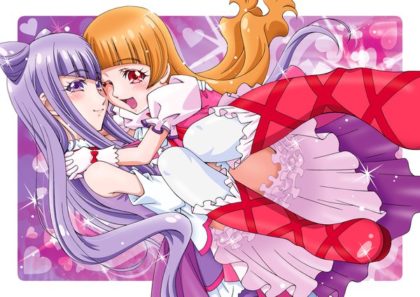 Anime picture 1600x1131 with precure hugtto! precure toei animation ruru amour aisaki emiru cure amour cure macherie boo (takagi) long hair looking at viewer blush fringe open mouth smile red eyes standing purple eyes bare shoulders multiple girls purple hair