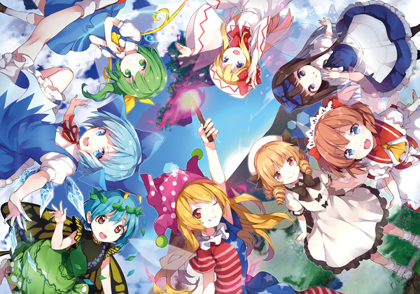 Anime picture 1600x1120 with touhou cirno daiyousei lily white star sapphire luna child sunny milk clownpiece eternity larva risui (suzu rks) long hair short hair open mouth blue eyes blonde hair smile red eyes brown hair multiple girls green eyes