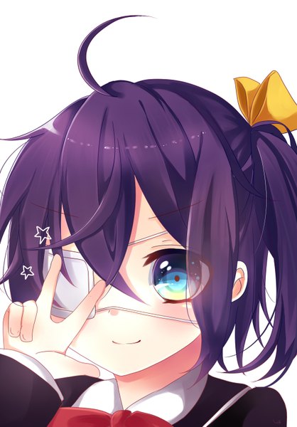 Anime picture 1080x1551 with chuunibyou demo koi ga shitai! kyoto animation takanashi rikka shiyu (sweet dream) single tall image looking at viewer blush short hair blue eyes simple background smile white background purple hair ahoge one side up victory girl uniform school uniform