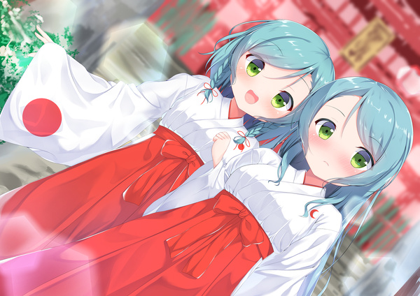 Anime picture 2047x1447 with bang dream! hikawa sayo hikawa hina koh (koh9083) long hair looking at viewer blush fringe highres open mouth standing multiple girls green eyes braid (braids) traditional clothes :d japanese clothes aqua hair wide sleeves dutch angle