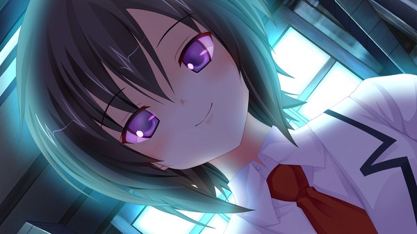 Аниме картинка 2048x1152 с namima no kuni no faust высокое разрешение короткие волосы чёрные волосы улыбка широкое изображение фиолетовые глаза game cg девушка форма школьная форма